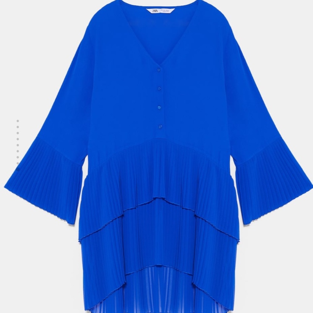 Zara Pleated blouse dress asymmetric hem blue